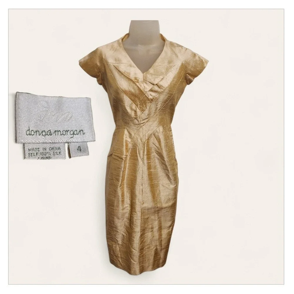 DONNA MORGAN Vintage 90s 100% Silk Gold Champagne Sheath Dress Size 4 Small